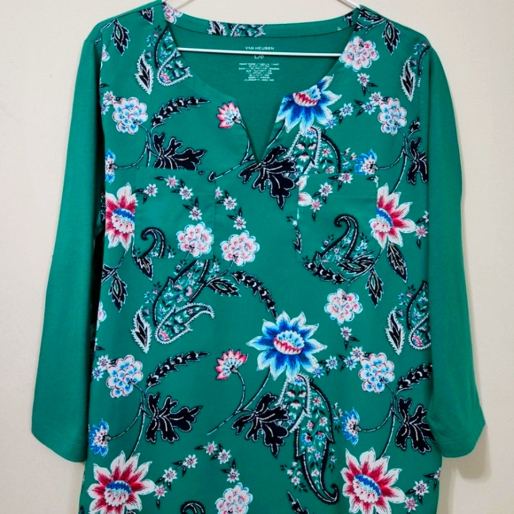 Van Heusen Green Graphic Blouse with 3/4 Sleeves